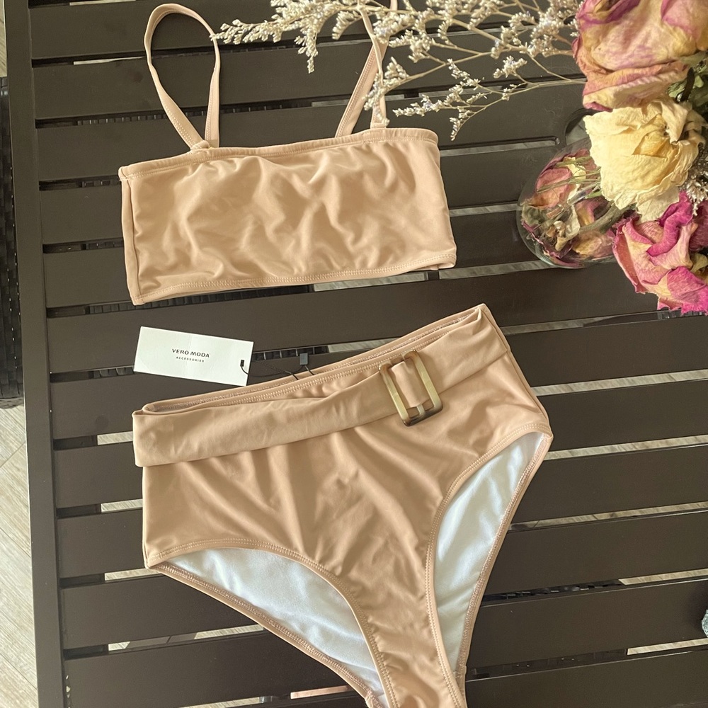 Lulus bandeau bikini set neutral beige xs top small bottom - nwt
